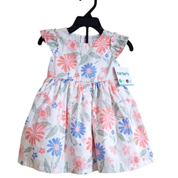 New & EUC 9 Month Girl Lot of 2 Dresses Layered Floral Ruffle Sleeves Cotton - Picture 3 of 16